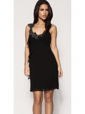 KAREN MILLEN 100% Silk Beaded Ruffle Chiffon Dress US 6 Whimsigoth Dark Romantic